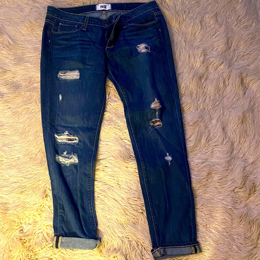 PAIGE Distressed Dark Blue Boyfriend Jeans with plaid details ♥️🍒